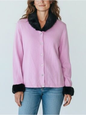 Nordstrom Encore Pink Cashmere Cardigan Sweater Mink Fur Trim Womens Large
